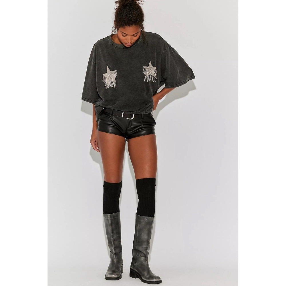 NWT Free People Sabbi Ta-Ta Sparkle Stars Tassels Black Shirt Large/L Oversized